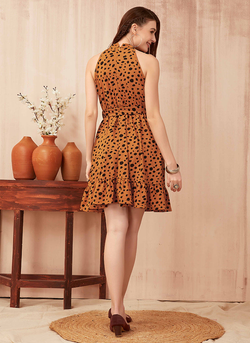 Yellow Polyester Chitah Printed Outing  Mini Dress