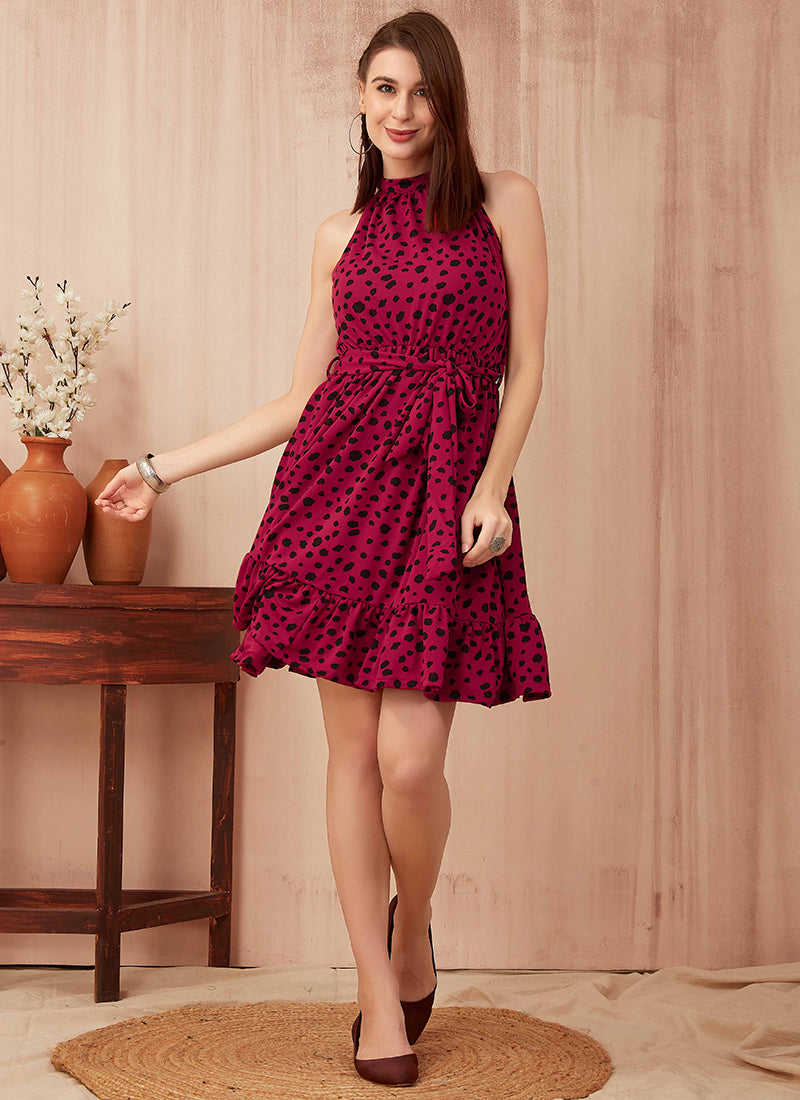 Wine Polyester Chitah Printed Outing  Mini Dress