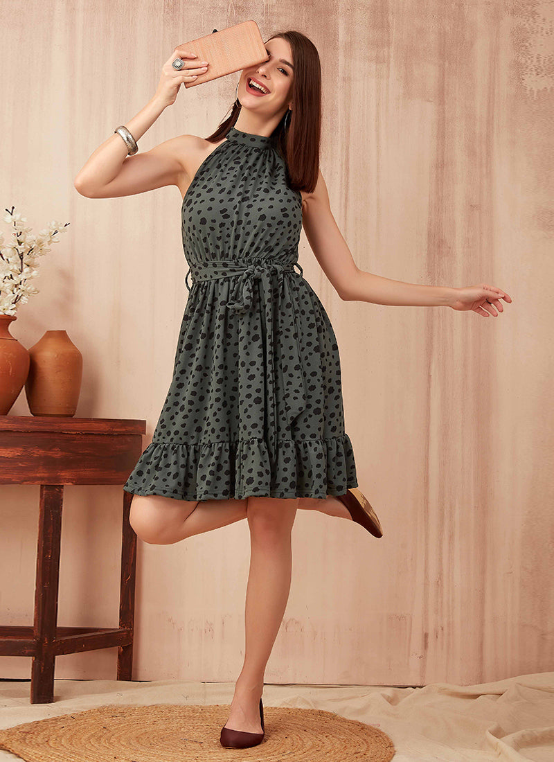 Dark Green Polyester Chitah Printed Outing  Mini Dress