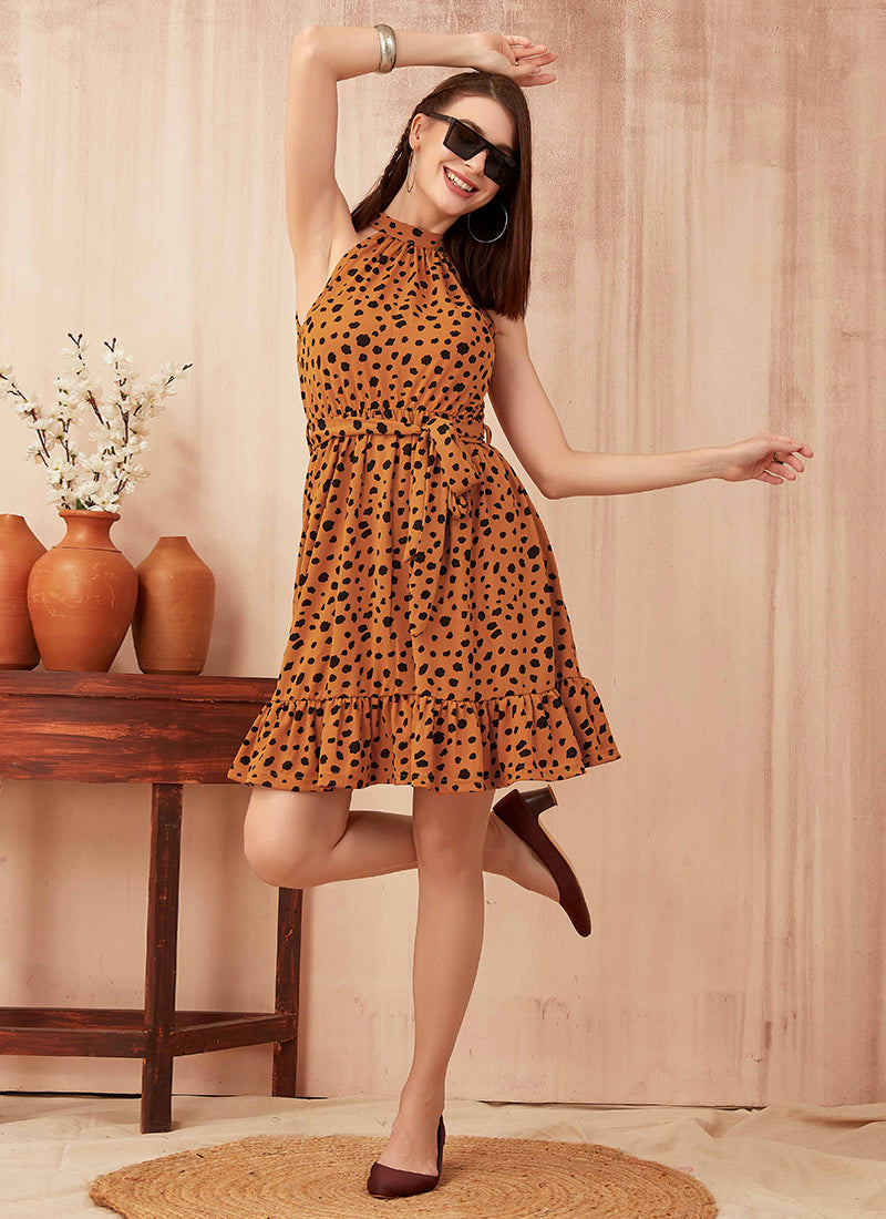 Yellow Polyester Chitah Printed Outing  Mini Dress