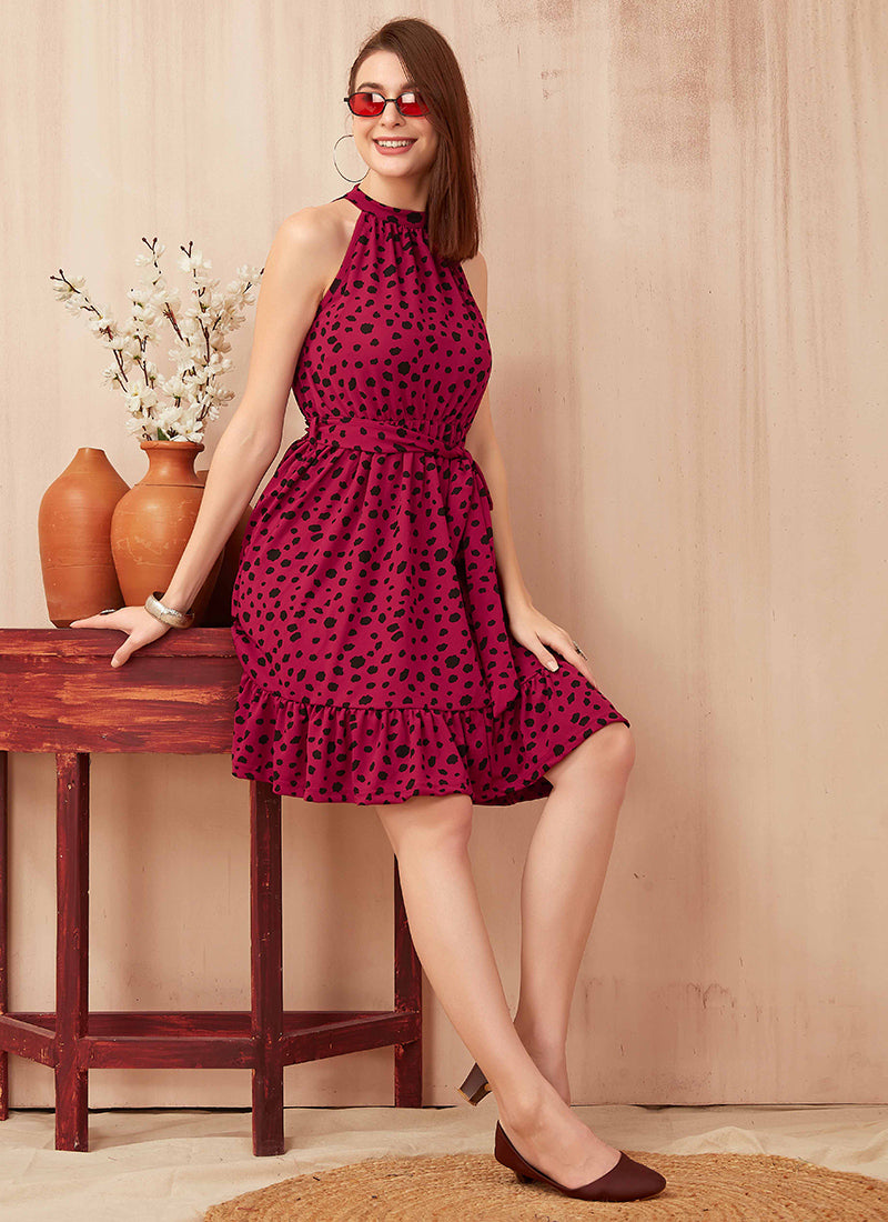 Wine Polyester Chitah Printed Outing  Mini Dress