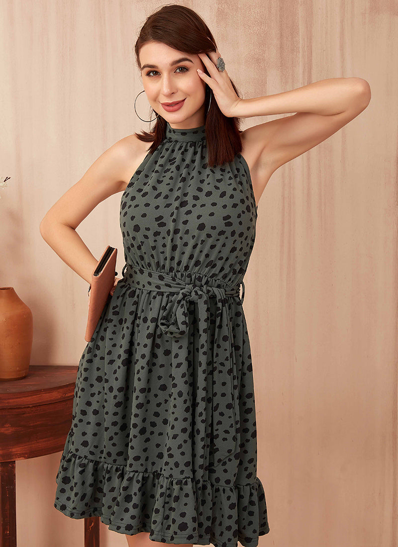 Dark Green Polyester Chitah Printed Outing  Mini Dress