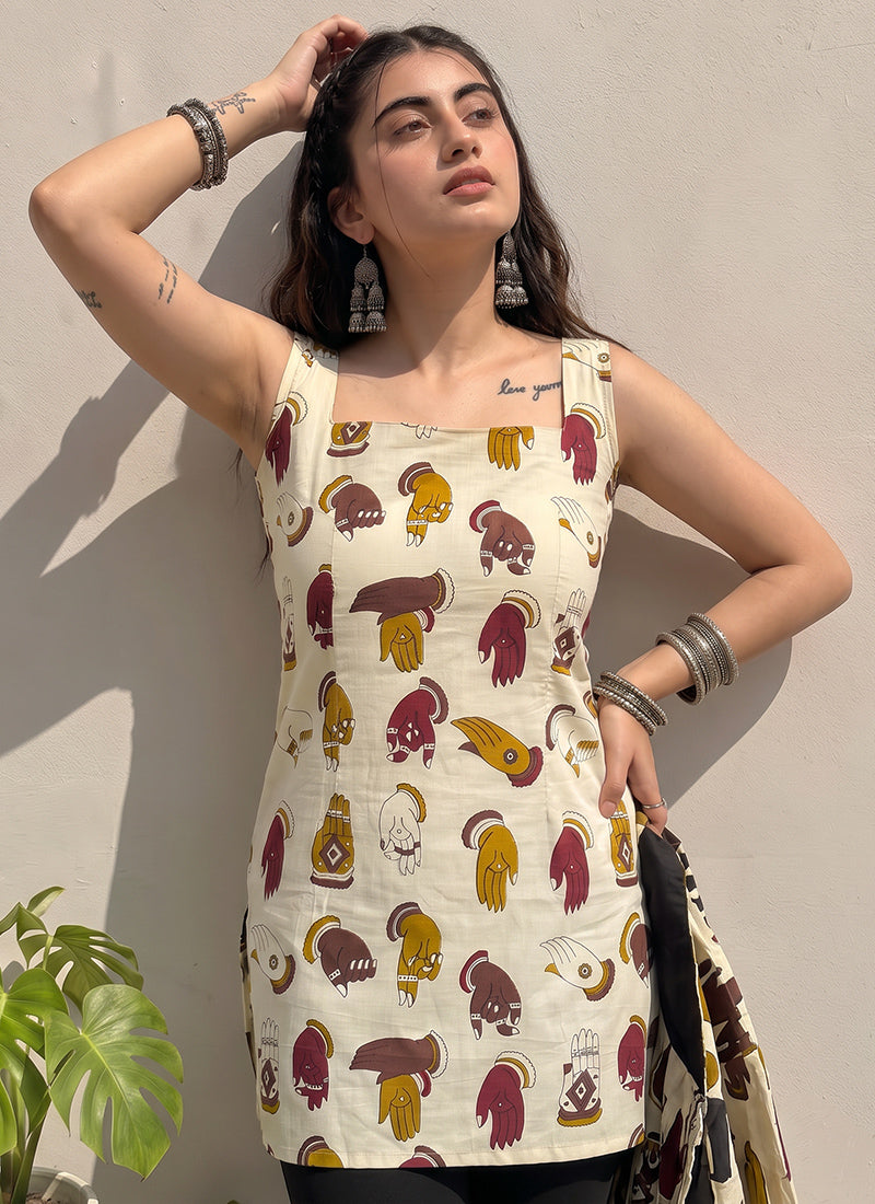 Cream Cotton Sleeveless Outwear Kurti