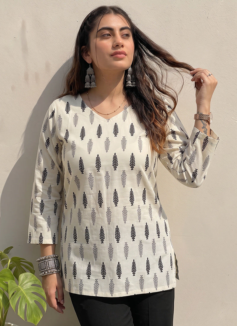 White And Black Cotton Printed Kurti