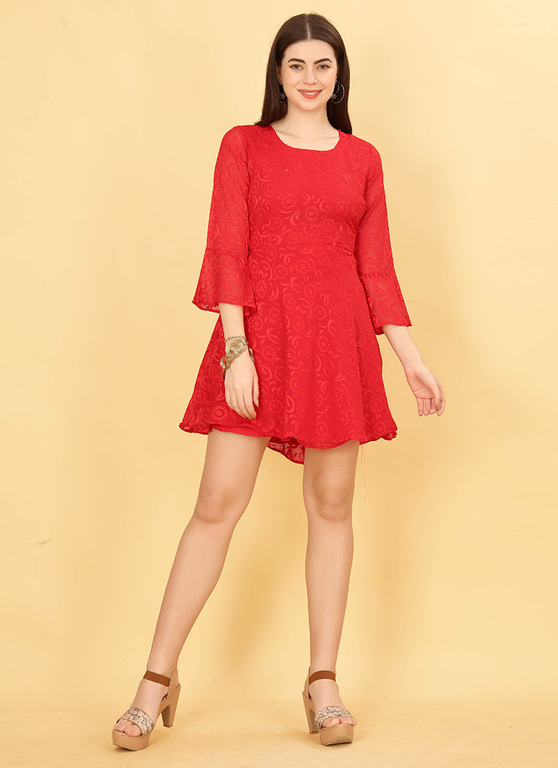 Red Polyester Weaved Floral Printed Mini Dress