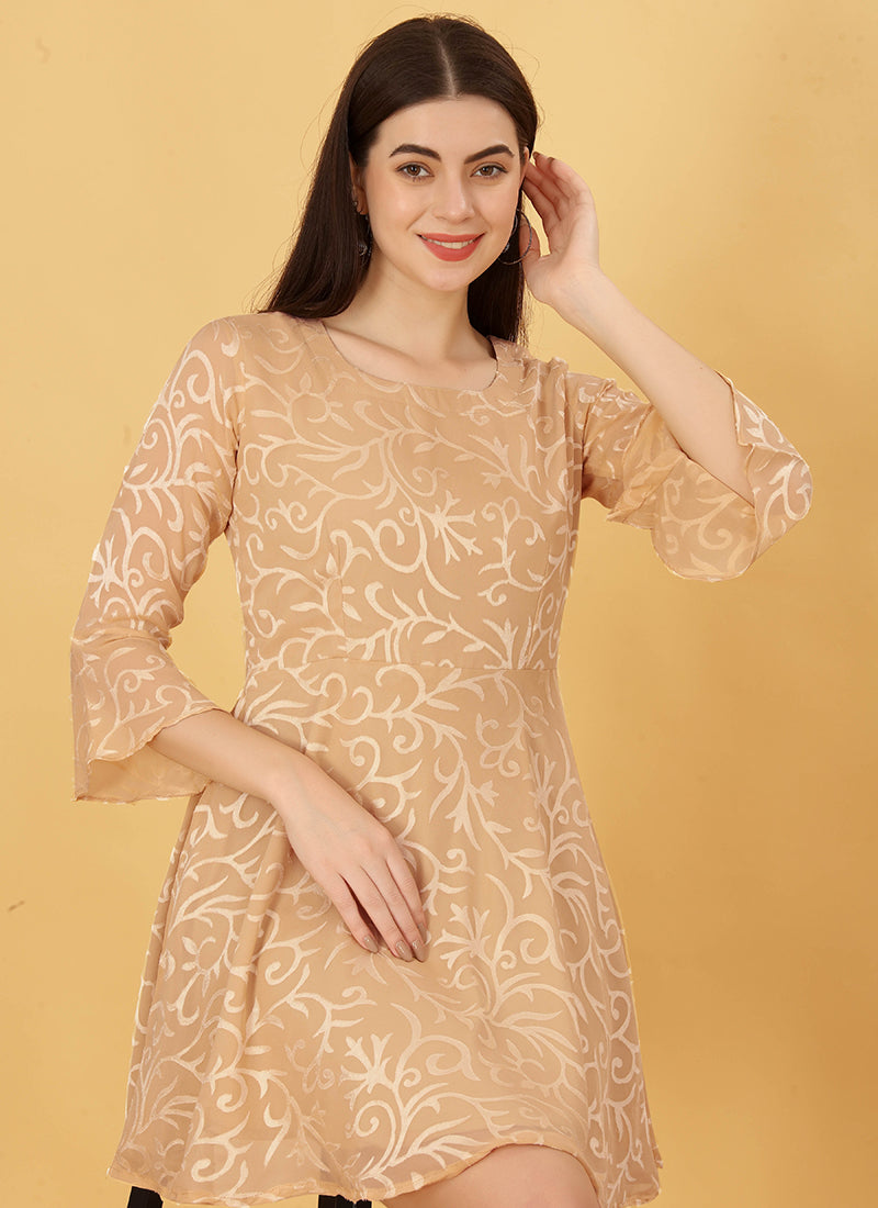 Gold Brown Polyester Weaved Floral Printed Mini Dress