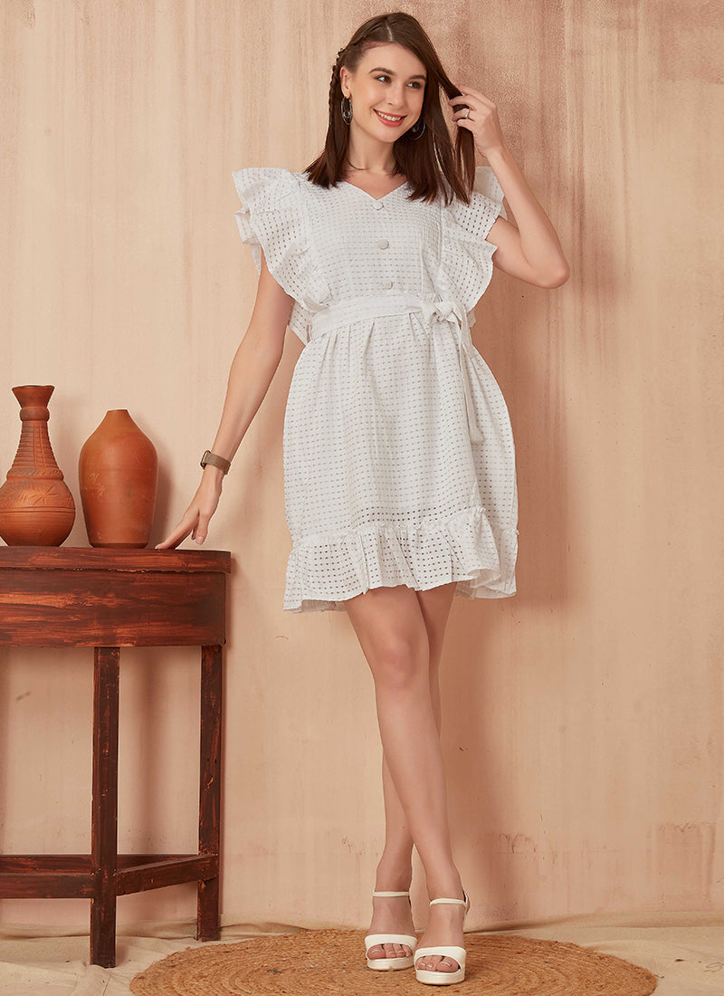 White Polyester Butterfly style  Party Wear Mini Dress