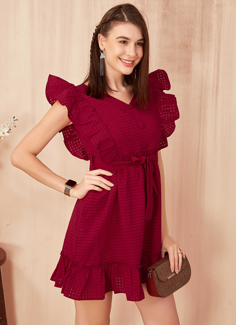 Wine Polyester Butterfly style  Party Wear Mini Dress