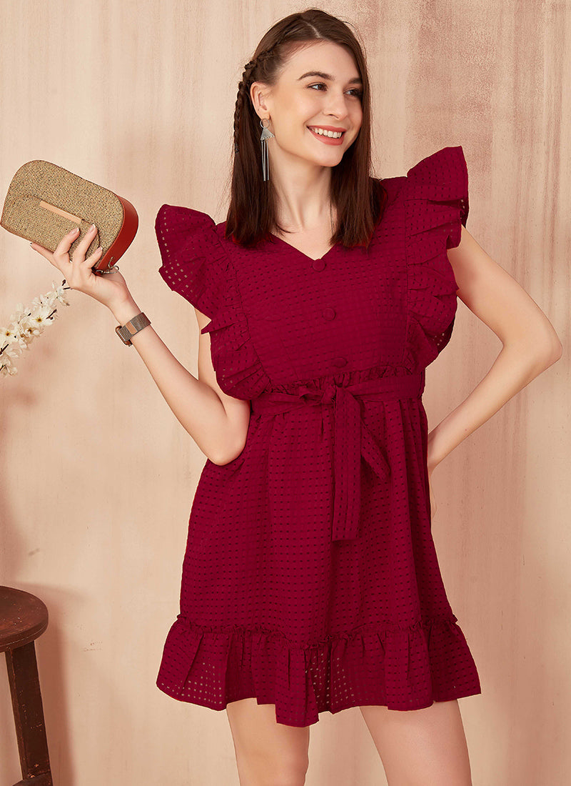Wine Polyester Butterfly style  Party Wear Mini Dress