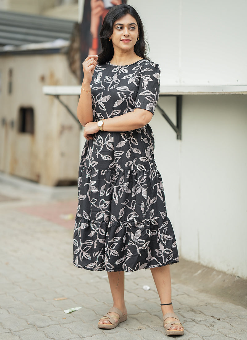 Black Leaf Printed Cotton Outwear Midi Dress