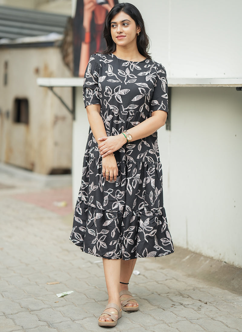 Black Leaf Printed Cotton Outwear Midi Dress