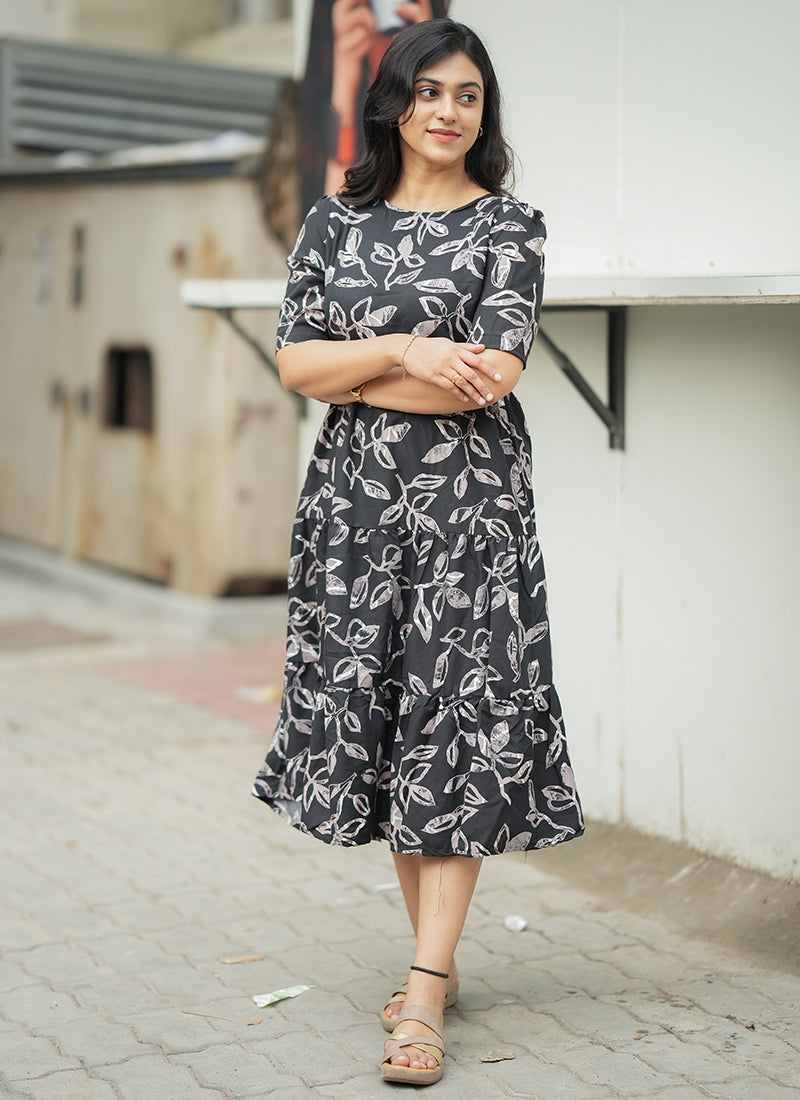 Black Leaf Printed Cotton Outwear Midi Dress