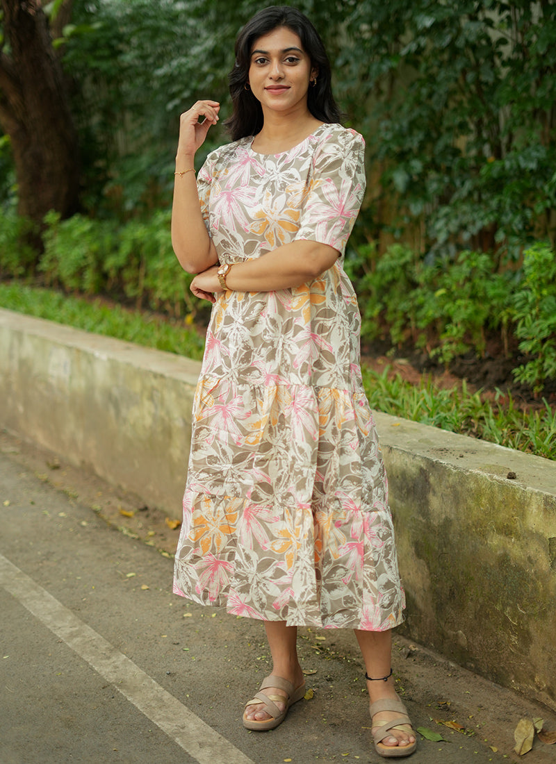 Off White Flower Printed Cotton Outwear Midi Dress