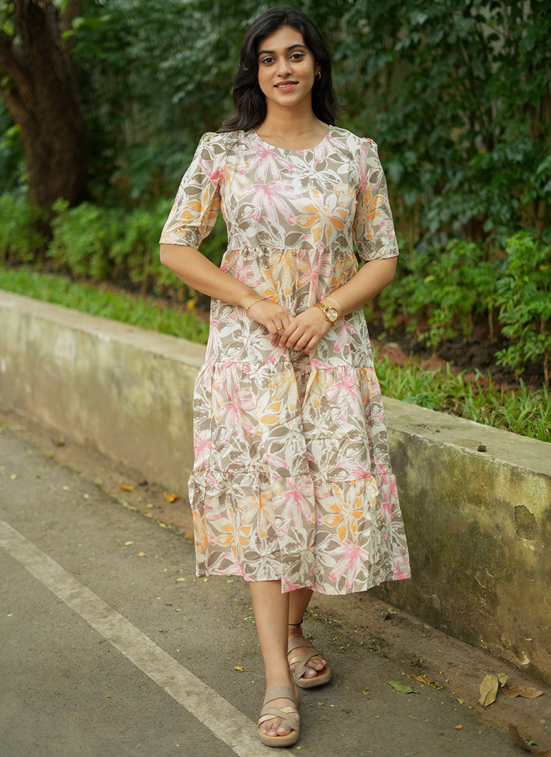 Off White Flower Printed Cotton Outwear Midi Dress