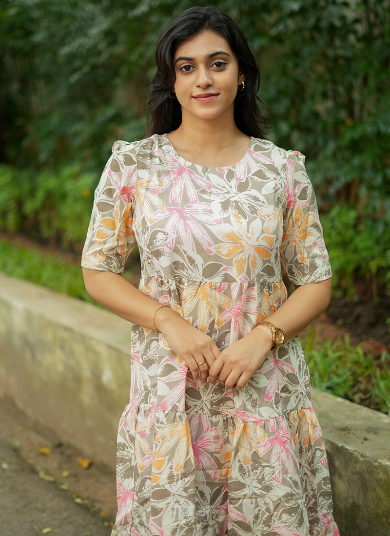 Off White Flower Printed Cotton Outwear Midi Dress