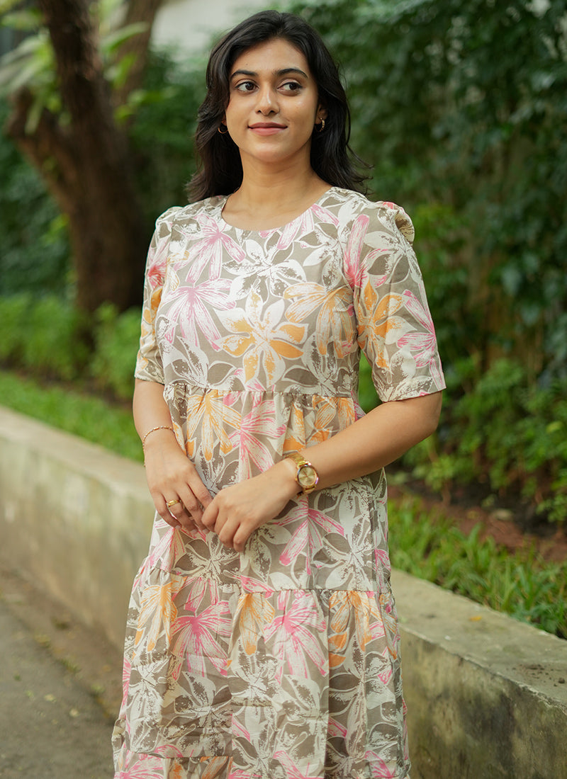 Off White Flower Printed Cotton Outwear Midi Dress