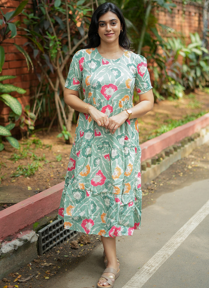 Mint Green Cotton Digital Printed Midi Dress