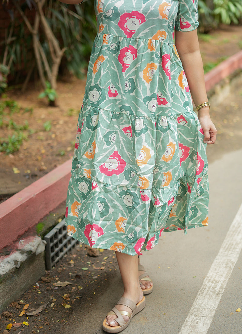 Mint Green Cotton Digital Printed Midi Dress