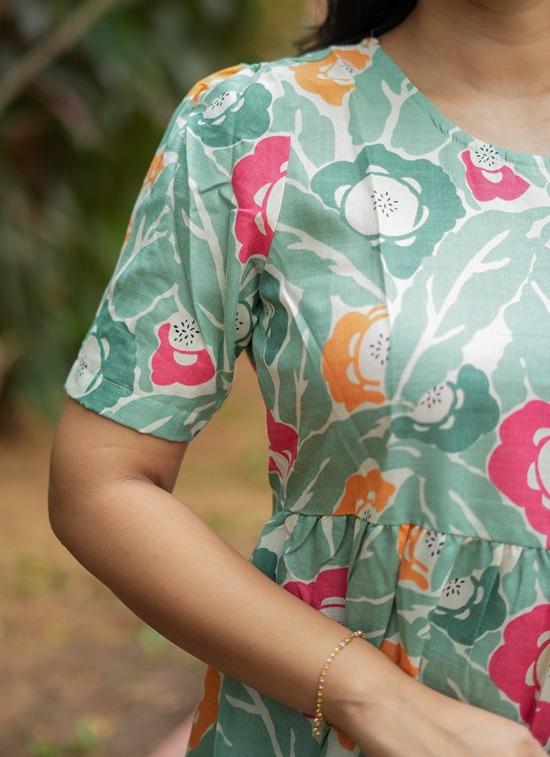 Mint Green Cotton Digital Printed Midi Dress