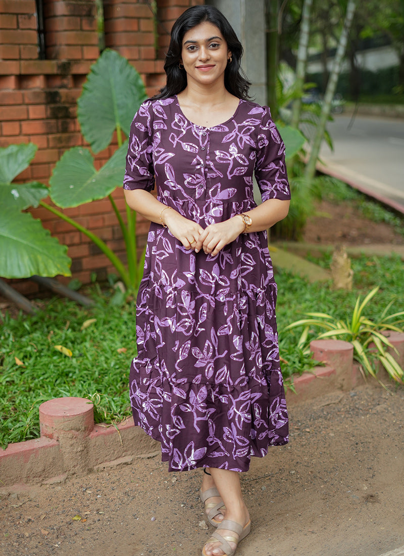 Wine Leaf Printed Cotton Outwear Midi Dress