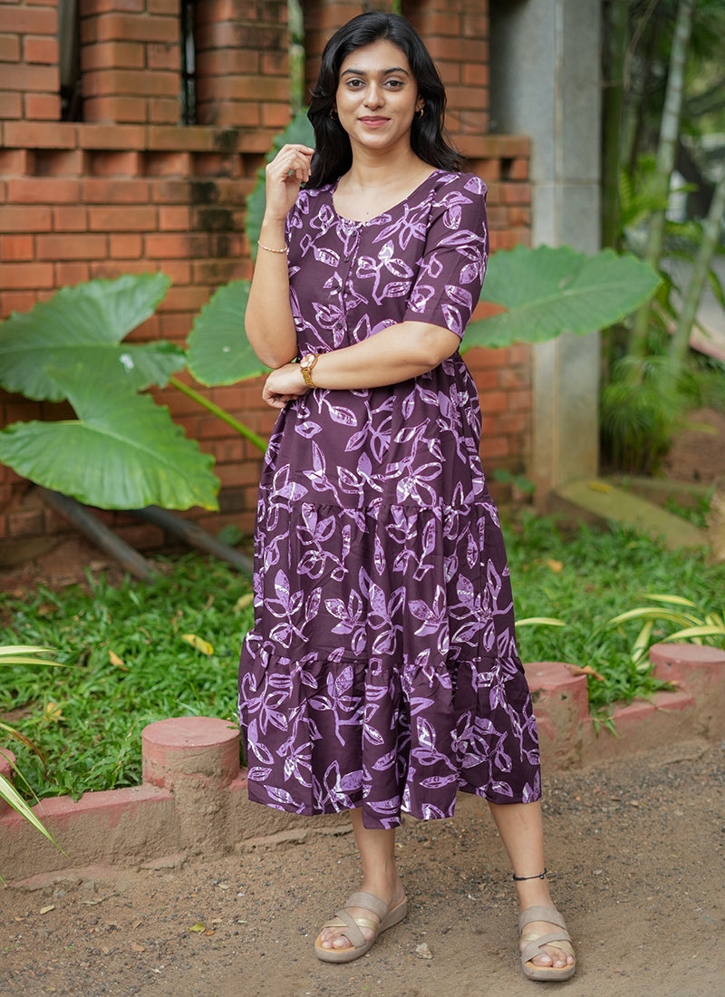 Wine Leaf Printed Cotton Outwear Midi Dress