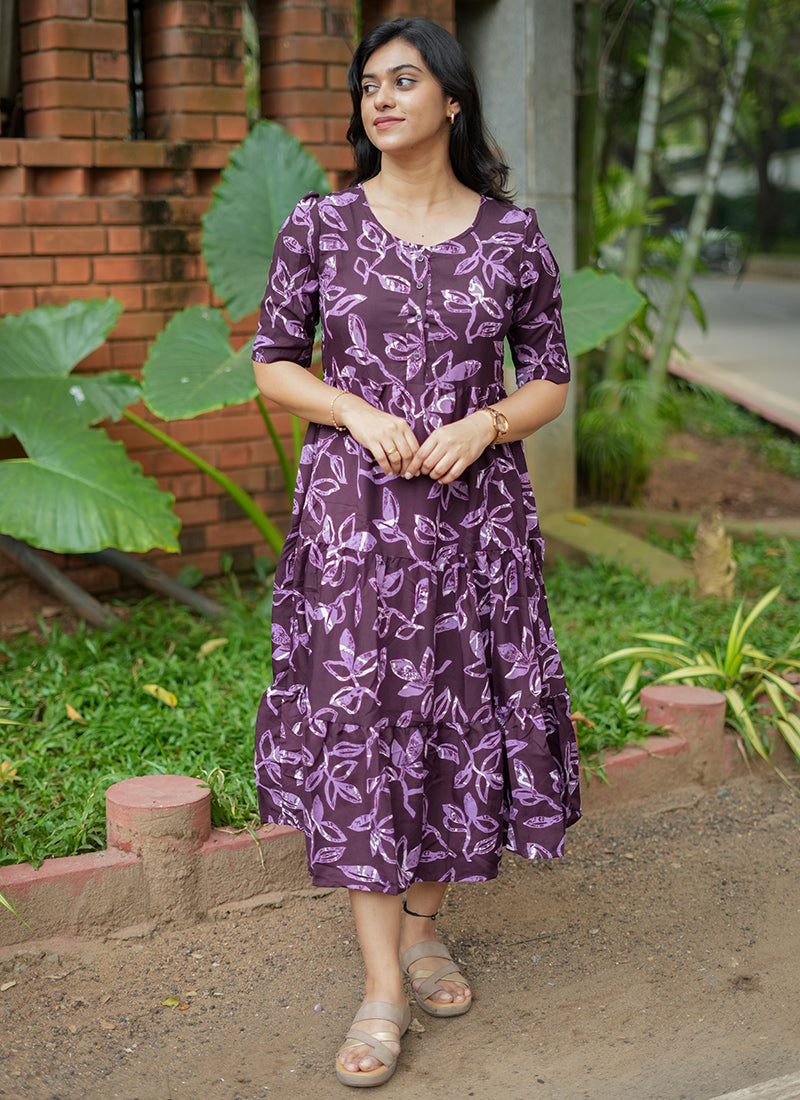 Wine Leaf Printed Cotton Outwear Midi Dress