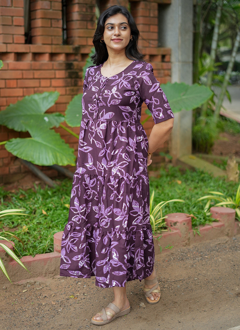 Wine Leaf Printed Cotton Outwear Midi Dress