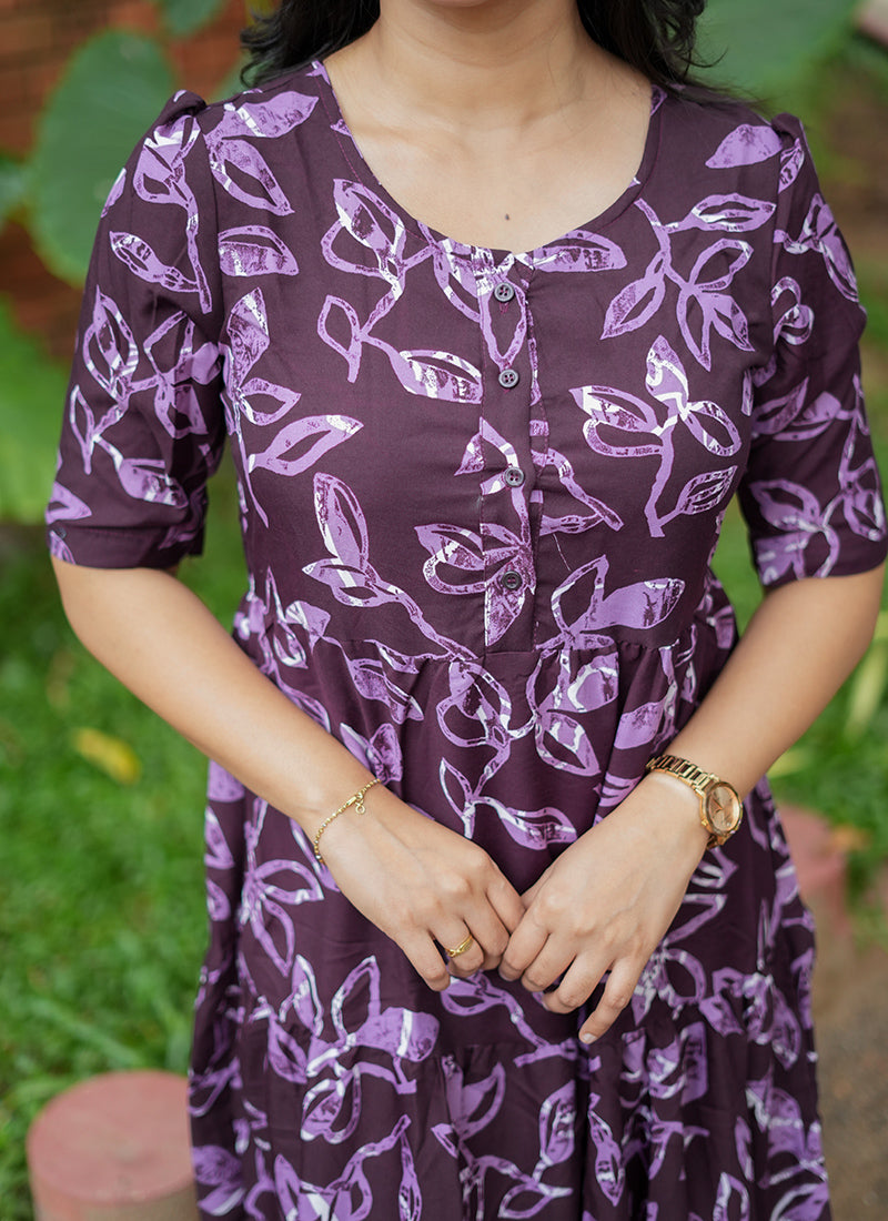 Wine Leaf Printed Cotton Outwear Midi Dress