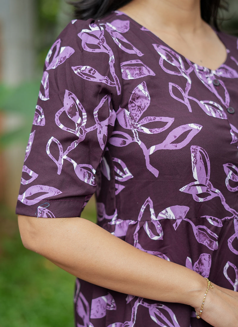 Wine Leaf Printed Cotton Outwear Midi Dress