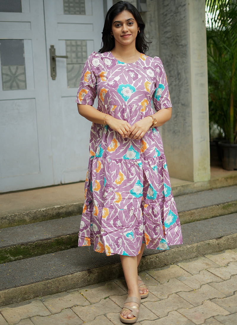Lavender Digital Printed Cotton Midi Dress