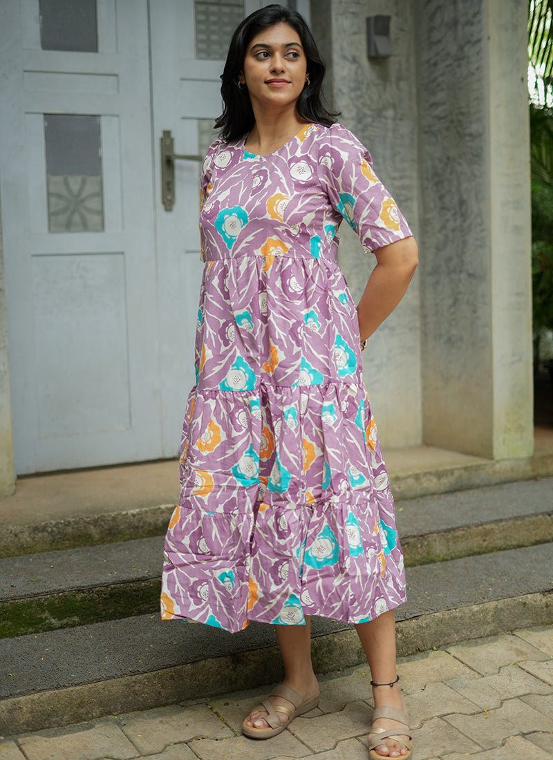 Lavender Digital Printed Cotton Midi Dress