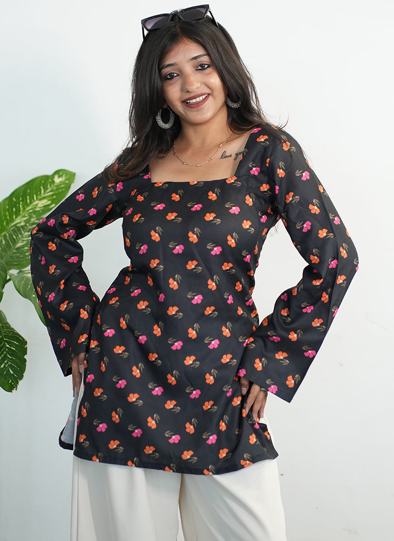 Black Cotton Printed Bell Sleeves Kurti