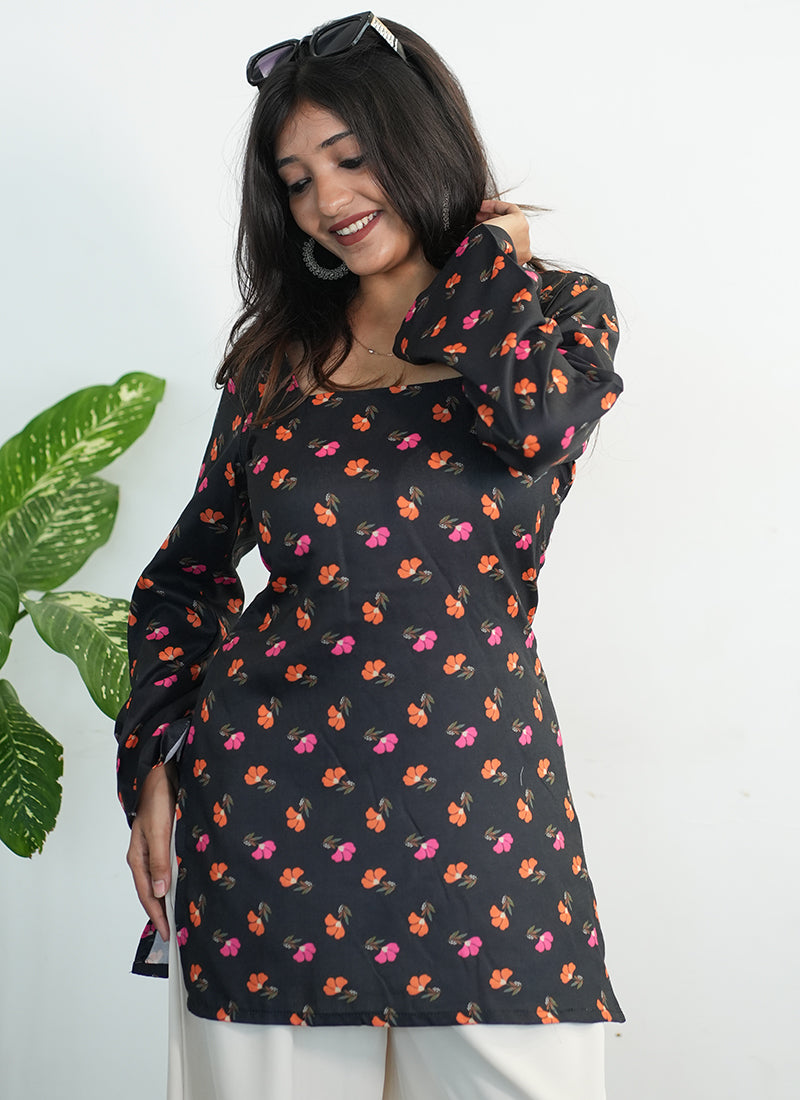 Black Cotton Printed Bell Sleeves Kurti