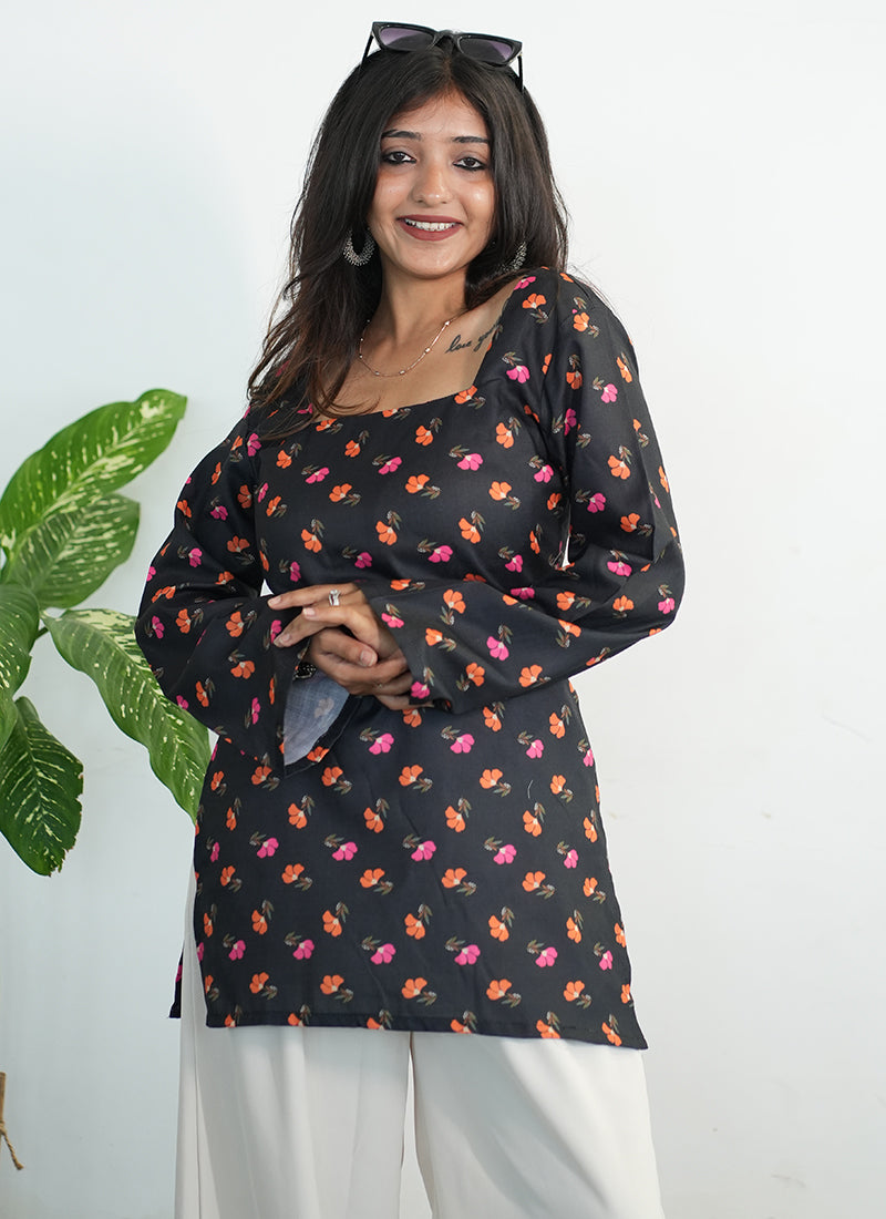 Black Cotton Printed Bell Sleeves Kurti