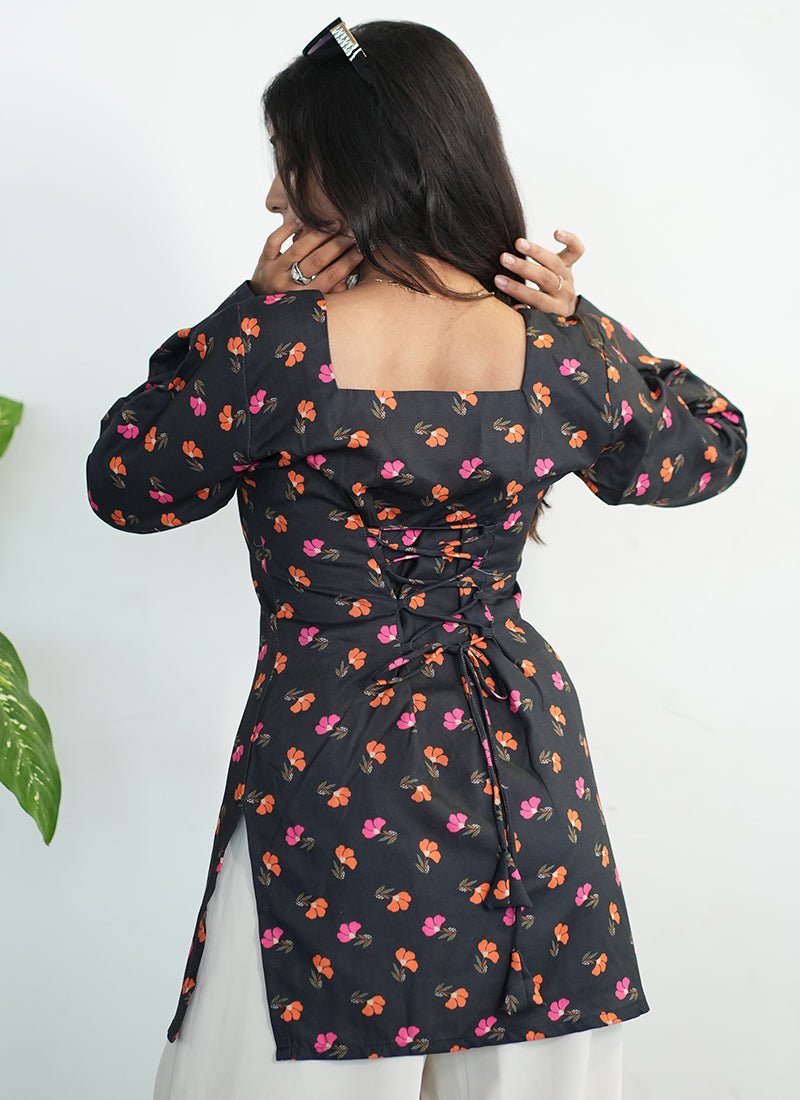 Black Cotton Printed Bell Sleeves Kurti