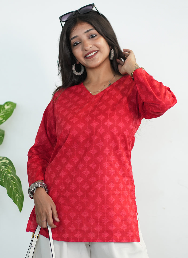 Red Printed Cotton V Neck Kurti