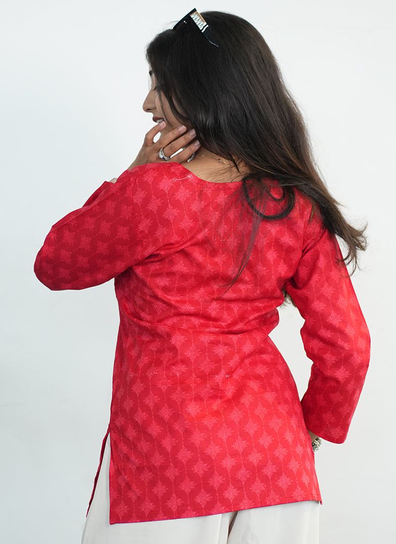 Red Printed Cotton V Neck Kurti