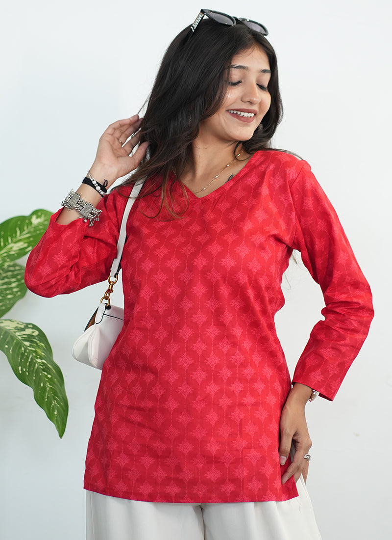 Red Printed Cotton V Neck Kurti