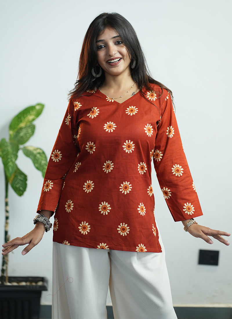 Orange Flower Printed Cotton V Neck Kurti