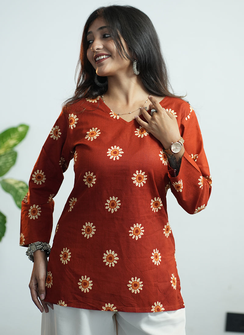 Orange Flower Printed Cotton V Neck Kurti