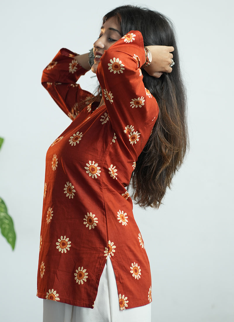 Orange Flower Printed Cotton V Neck Kurti