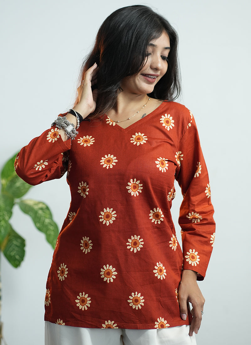 Orange Flower Printed Cotton V Neck Kurti