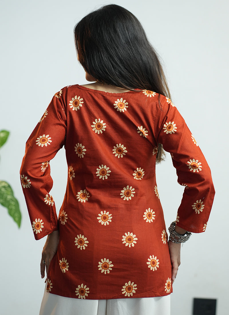 Orange Flower Printed Cotton V Neck Kurti