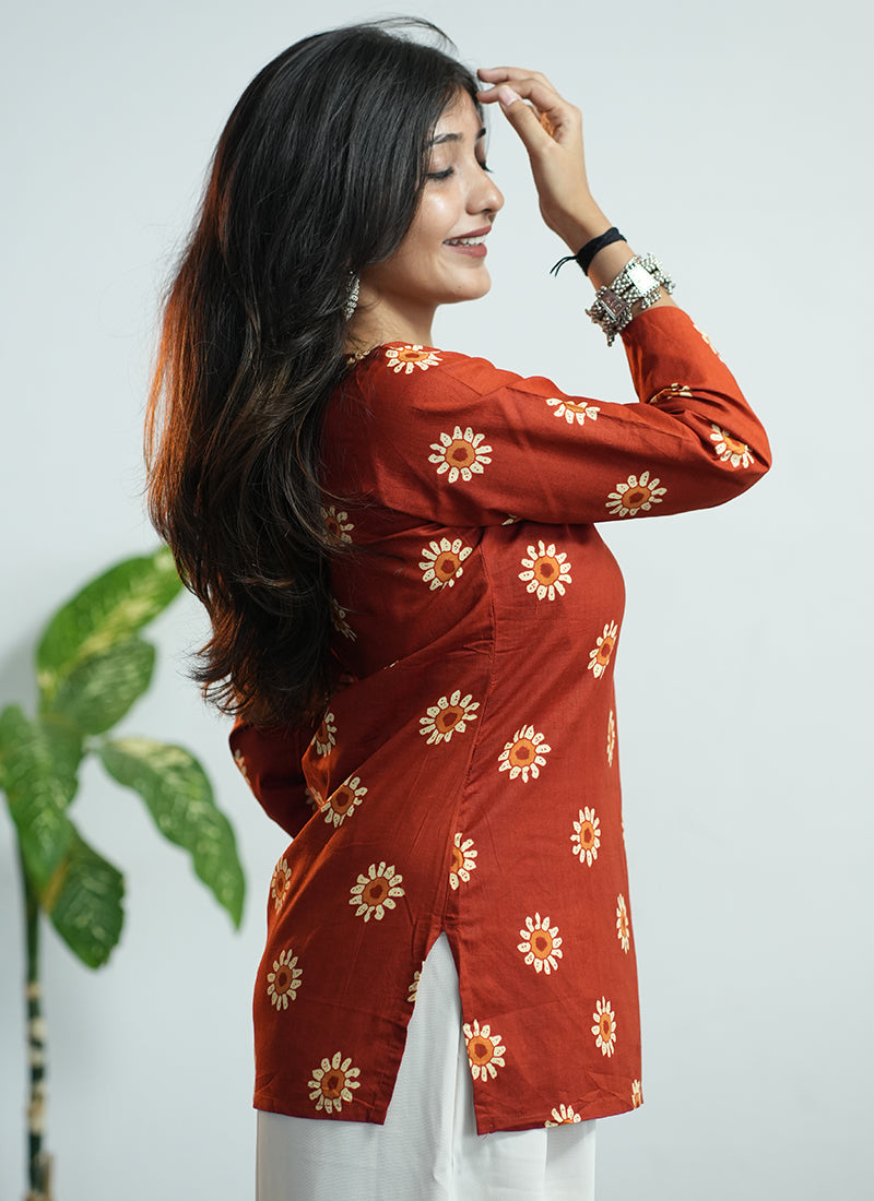 Orange Flower Printed Cotton V Neck Kurti