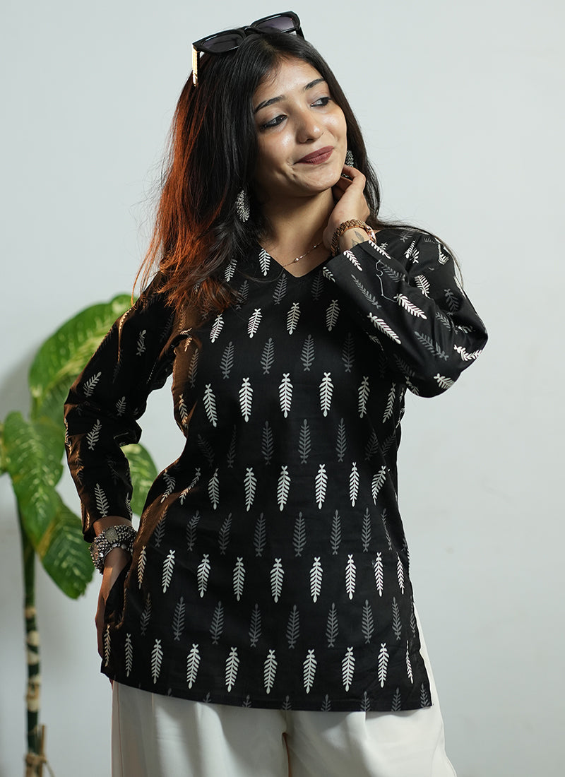 Black Printed Cotton V Neck Kurti