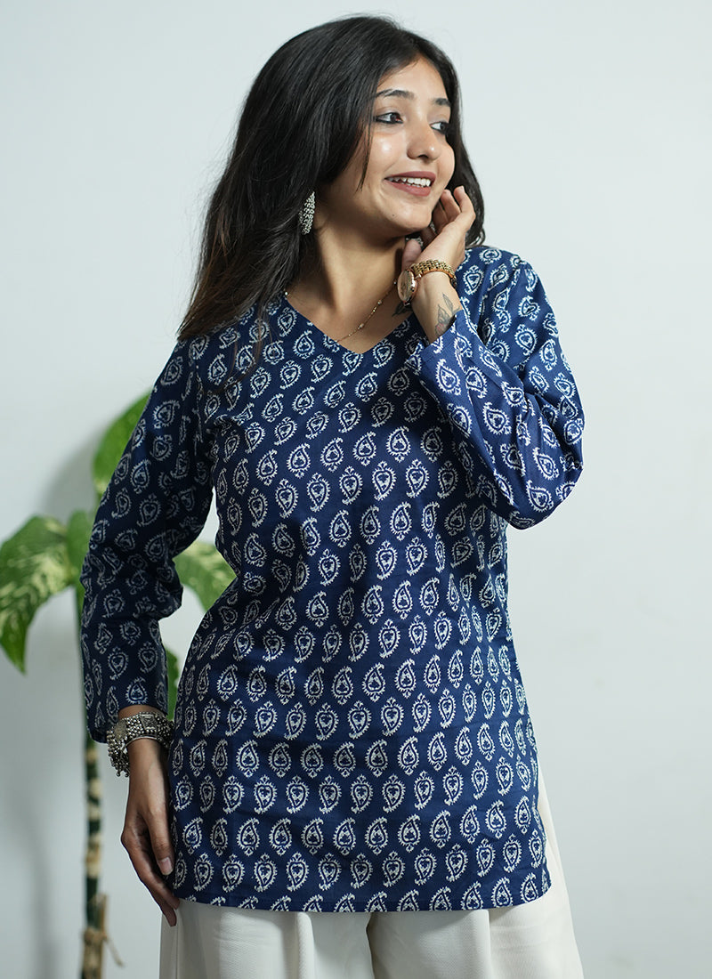 Blue Cotton Printed V Neck Kurti