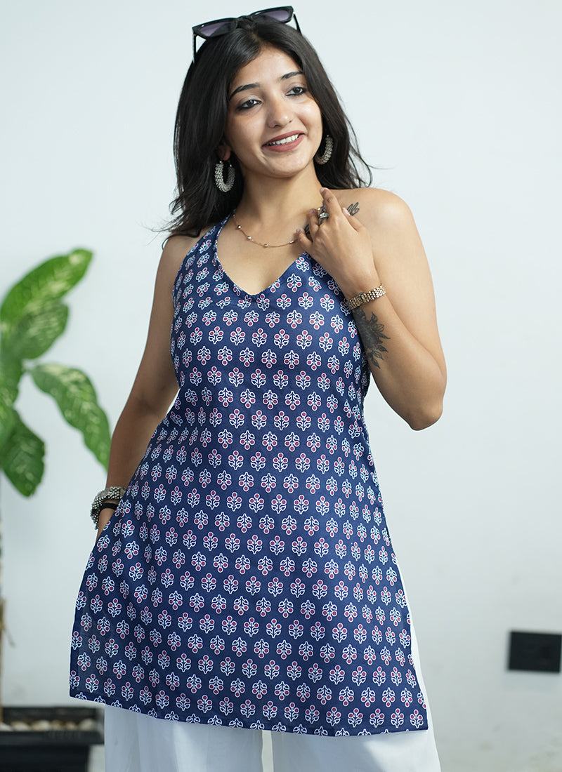 Blue Halter Neck Cotton Printed Kurti
