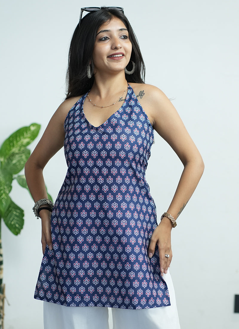 Blue Halter Neck Cotton Printed Kurti