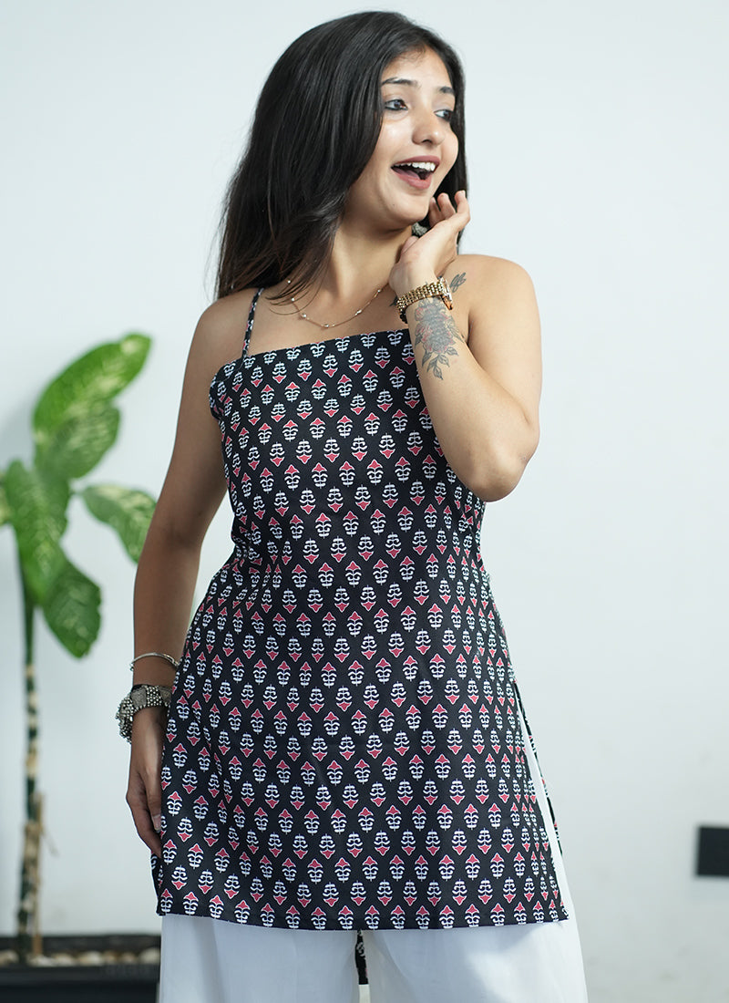 Black Printed Cotton Spaghetti Strap Kurti