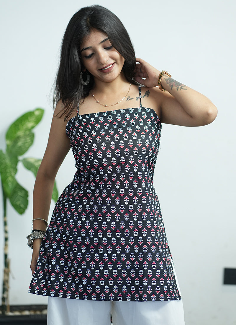 Black Printed Cotton Spaghetti Strap Kurti